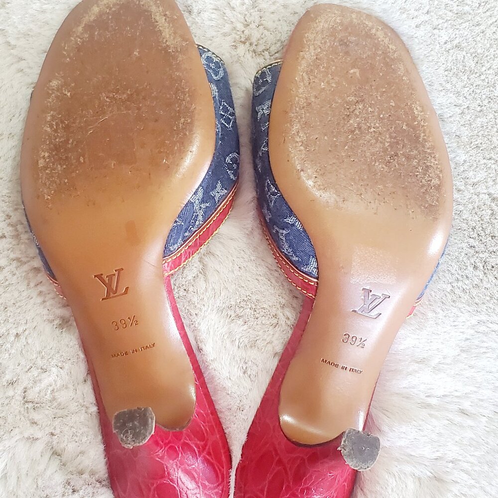 Louis Vuitton Monogram Denim Slide Sandals Red Leather Y2K LV Mule Luxury Size 9 - Picture 11 of 16